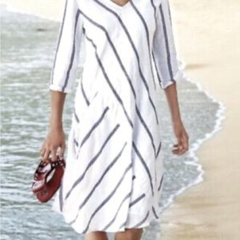 Soft Surroundings Linen Cotton Dress V Neck Striped Knee 3/4 Sleeve Tunic Dress
